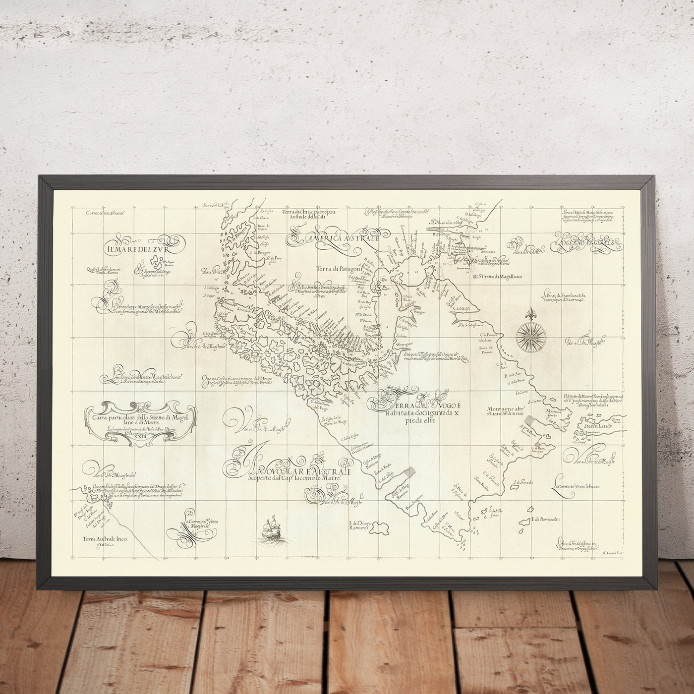 Old Strait of Magellan Nautical Chart by Dudley, 1646: Tierra del Fuego, Le Maire Strait, Terra Australis