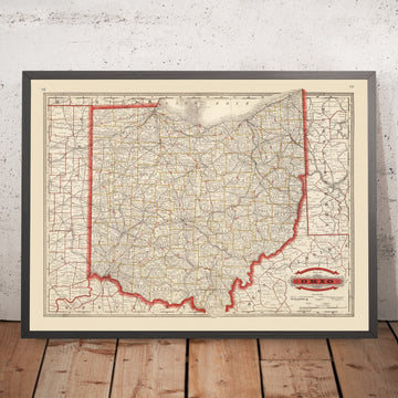 Old County Map of Ohio by Cram, 1882: Railroad, Columbus, Cleveland, Cincinnati, Toledo, Akron