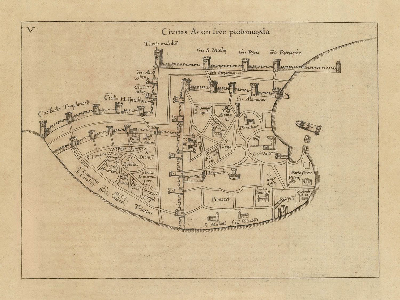 Alte Karte von Akko von Vesconte, 1611: Templer, Hospitaliter, Portus Pisani, Türme, Kirchen