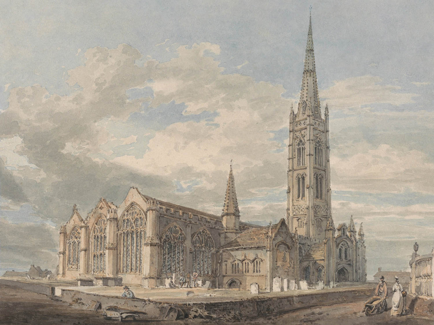 Nordostansicht der Grantham-Kirche, Lincolnshire von Turner, 1797 