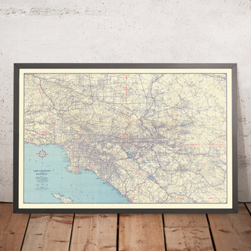 Grande vieille carte routière de Los Angeles, 1945 : Automobile Club of Southern California, Hollywood, Beverly Hills, Route 66 