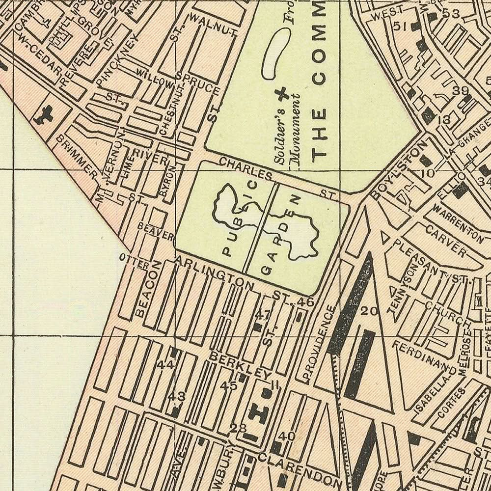 Ancienne carte de Boston par Fisk & Co., 1893 : les terrains publics, le jardin public, les Fens, la rivière Charles, le parc Franklin