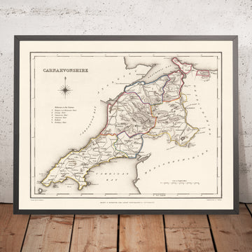 Alte Karte von Carnarvonshire, Wales von Lewis, 1844: Bangor, Caernarfon, Conwy, Snowdon, Hängebrücke über die Menai-Straße 