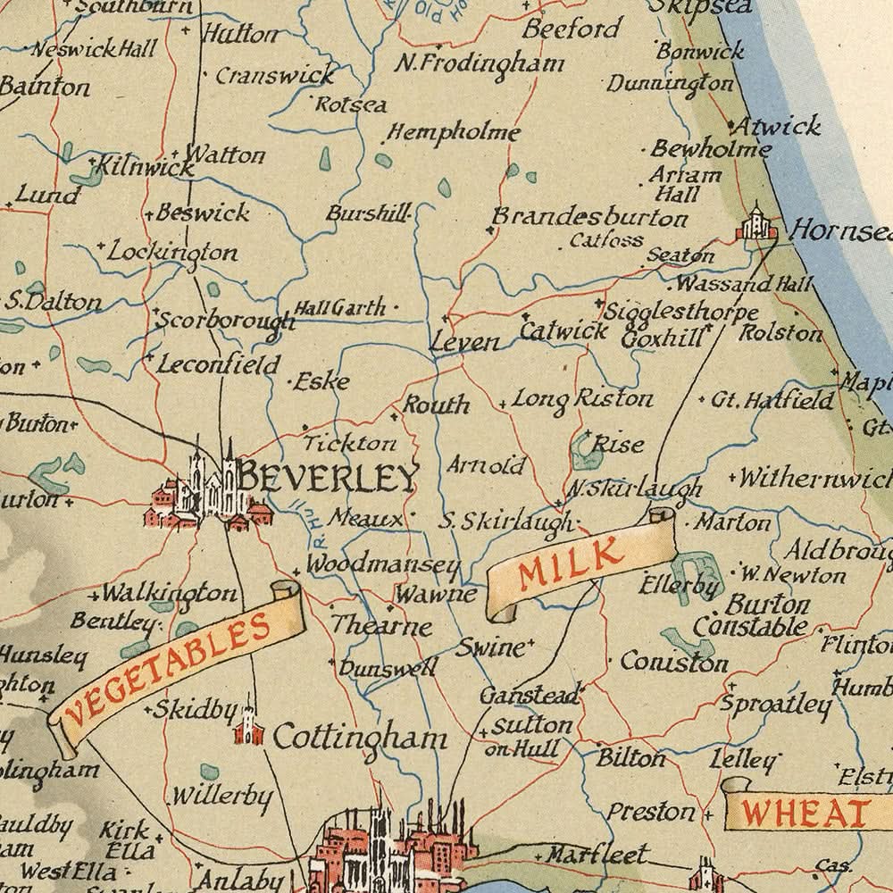 Old Pictorial Map of East Riding of Yorkshire by Clegg, 1946: Hull, Be ...