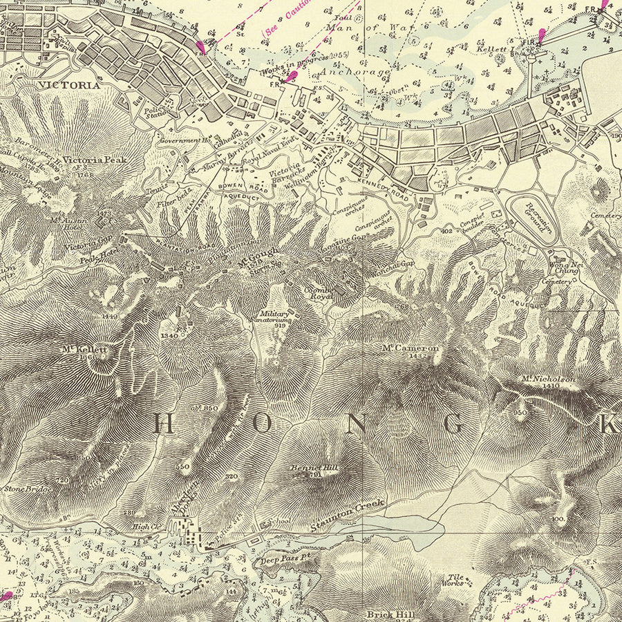 Antica mappa nautica di Hong Kong di Belcher, 1953: Porto di Victoria, Penisola di Kowloon 