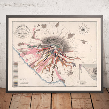 Mapa antiguo del volcán Vesubio de Campania, Italia, por Auldjo, 1833: coladas de lava 1631–1831, Nápoles, Pompeya, Ercolano 