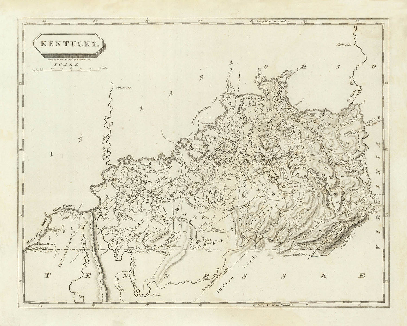Old Map of Kentucky by Arrowsmith, 1804: Ohio & Mississippi Rivers, Cumberland Gap, Lexington, Louisville