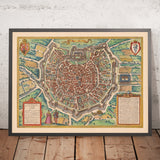Ancienne carte de Milan par Braun & Hogenberg, 1572 : Cathédrale, Fortifications, Rues, Champs 