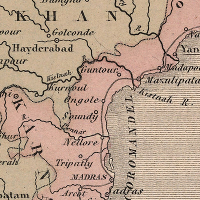 Old Map of "French India" by Vuillemin, 1869: French Enclaves, Pondicherry, Chandannagar, Mahé, Bay of Bengal