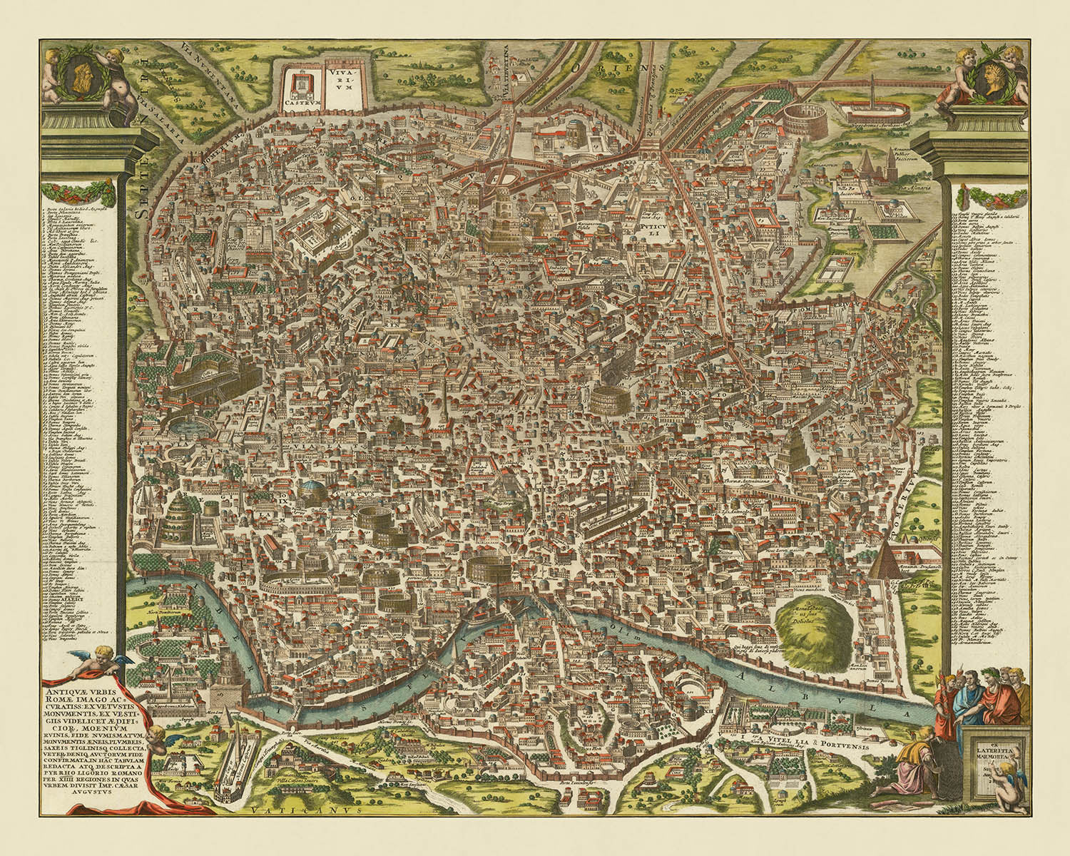 Old Pictorial Map of Ancient Rome, 1696: Tiber River, Colosseum, Circu ...