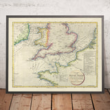 Antiguo mapa náutico del Canal de la Mancha de Russell, 1803: Dover-Calais, Portsmouth, Cherbourg, Le Havre, Boulogne 