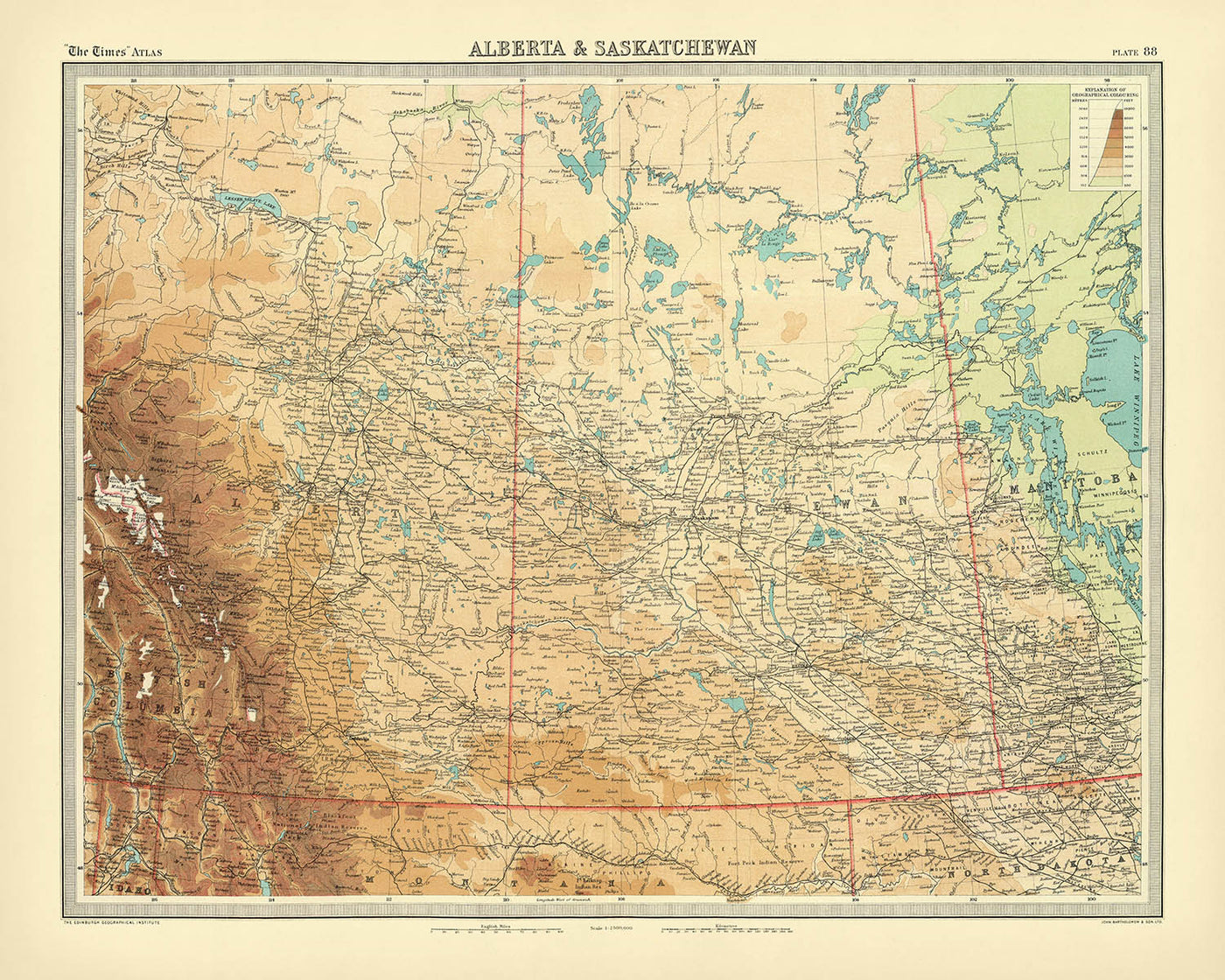 Old Map of Alberta & Saskatchewan by Bartholomew, 1922: Calgary, Edmonton, Rockies