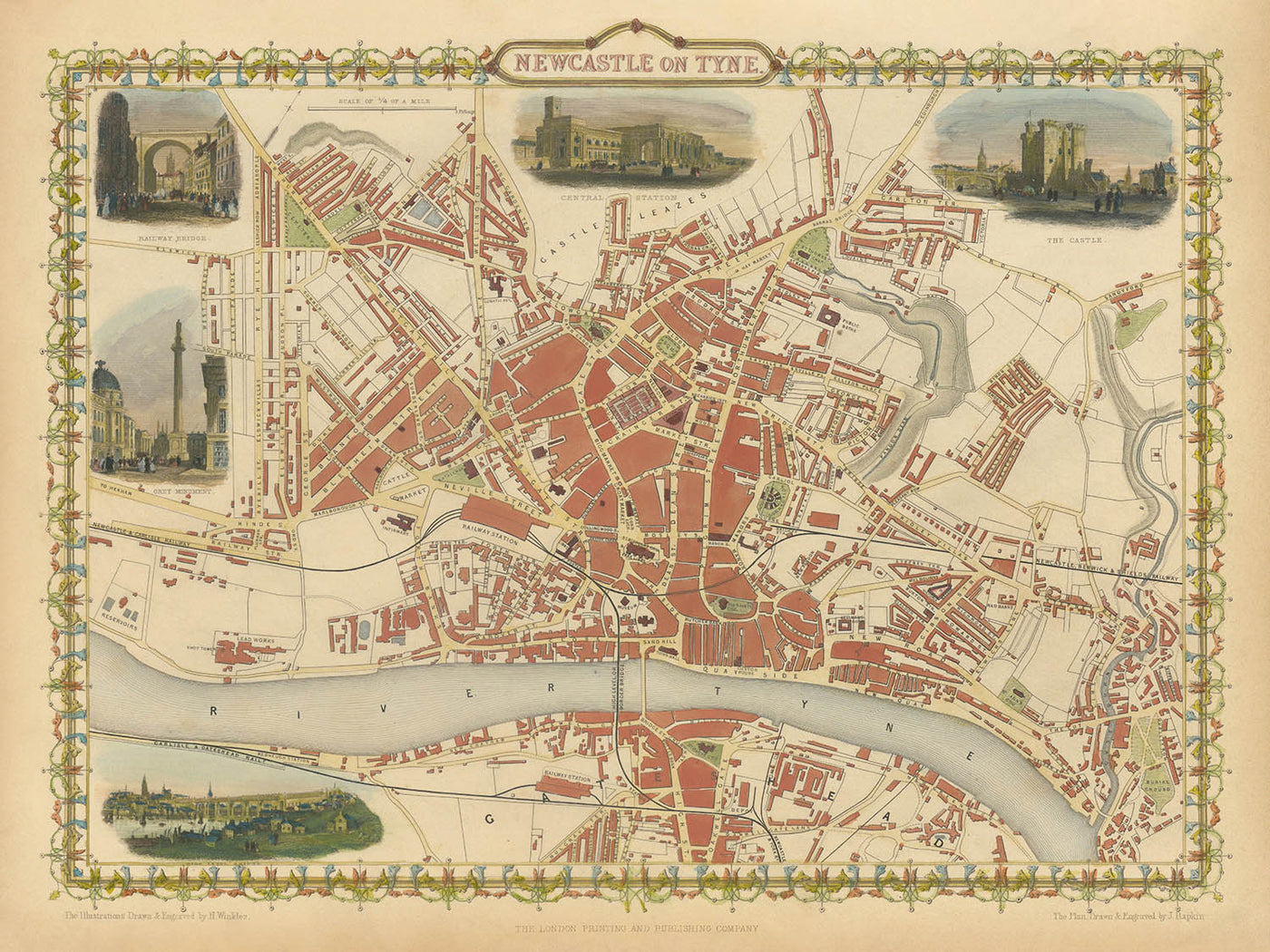 Old Map of Newcastle by Tallis, 1851: Railway Bridge, Central Station, Castle, Tyne River