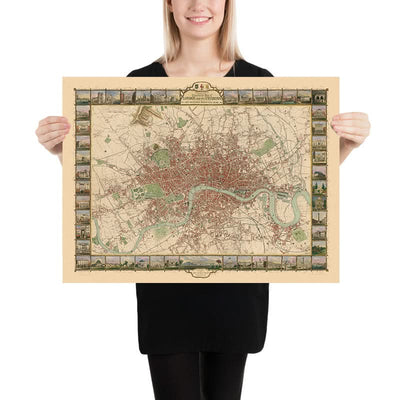 Antiguo mapa ilustrado de Londres por Tallis, 1851: Támesis, Hyde Park, Regent's Park, Westminster, Oxford Street