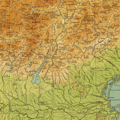Rare Physical Map of the Alps by Touring Club Italiano, 1929: Mont Blanc, Matterhorn, Monte Rosa, Jungfrau, Lake Garda