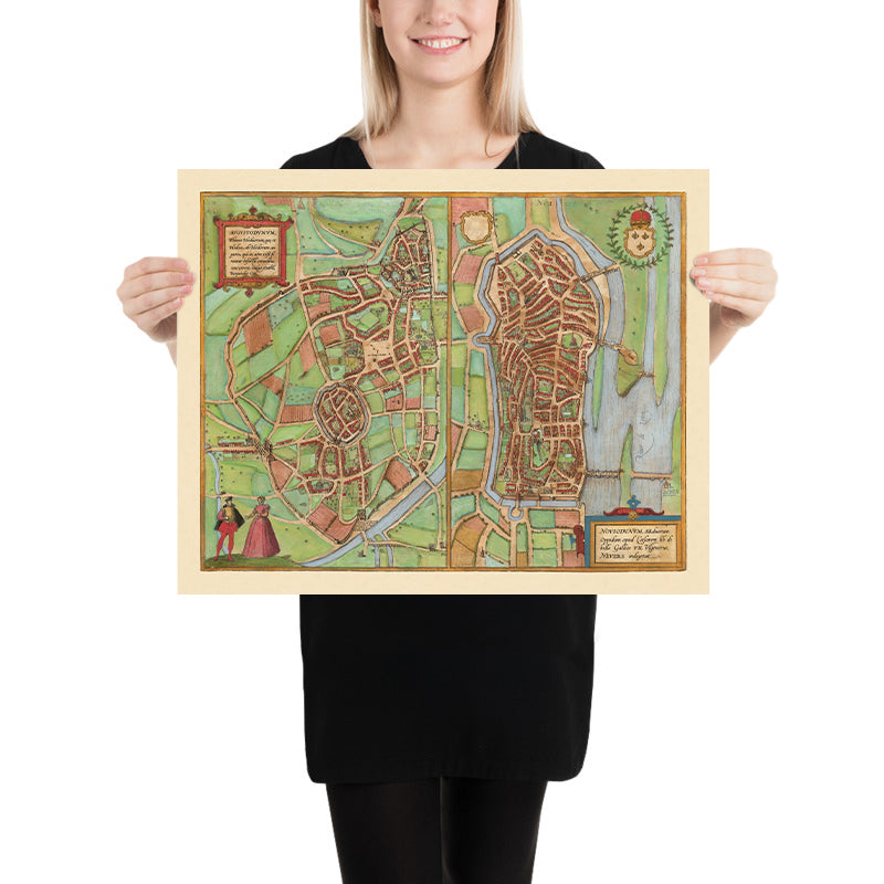 Antica mappa di Autun e Nevers di Braun e Hogenberg, 1581: Mura cittadine, Cattedrali, Palazzo Ducale, fiumi Loire e Arroux, Ponti 