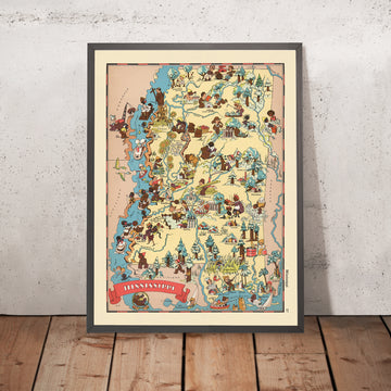 Carte picturale du Mississippi par Ruth Taylor White, 1935 : Jackson, Gulfport, fleuve Mississippi, champs de coton, bateaux à vapeur 