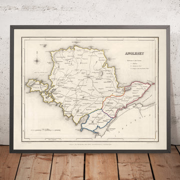 Alte Karte von Anglesey, Wales von Lewis, 1844: Holyhead, Llangefni, Amlwch, Menai Bridge, Beaumaris 