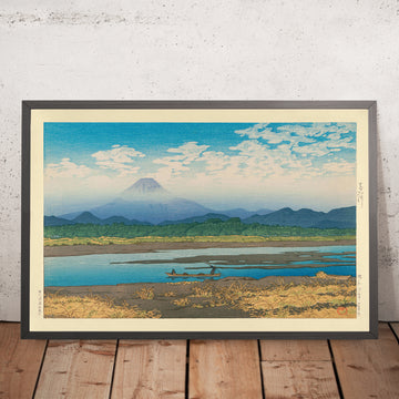 Una imagen enmarcada del monte Fuji desde el río Banyu, de Hasui Kawase, 1935