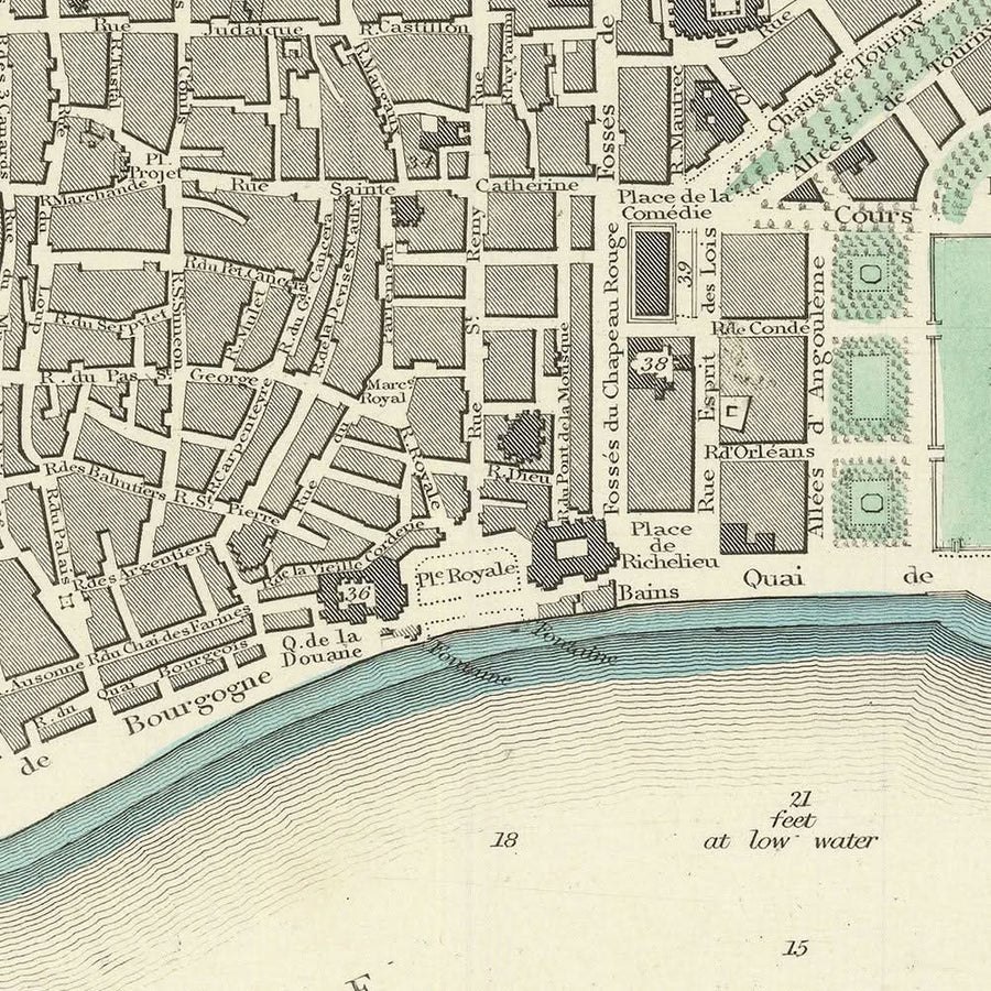 Mappa antica di Bordeaux, 1870: Chartrons, Bastide, Quai des Chartrons, Chiesa di St. Michel, Giardino Pubblico 