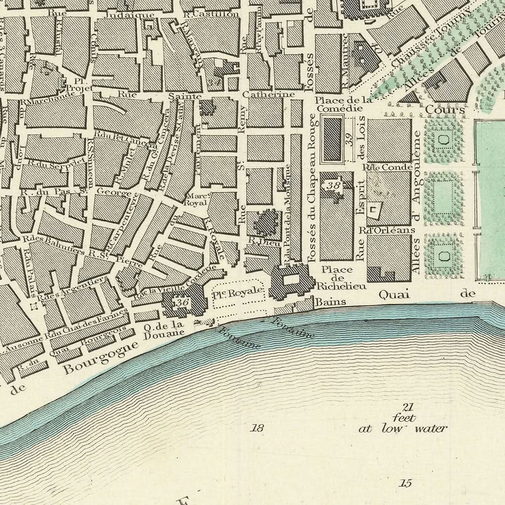 Alte Karte von Bordeaux, 1870: Chartrons, Bastide, Quai des Chartrons, Église St. Michel, Jardin Public 