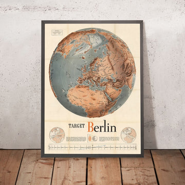 Alte WW2-Weltkarte von Manning, 1943: "Ziel Berlin" Bomber-Distanzdiagramm 