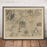 Première carte de la Nouvelle-Angleterre par John Smith, 1616 : Boston, Plymouth, Cape Ann, design baroque orné 