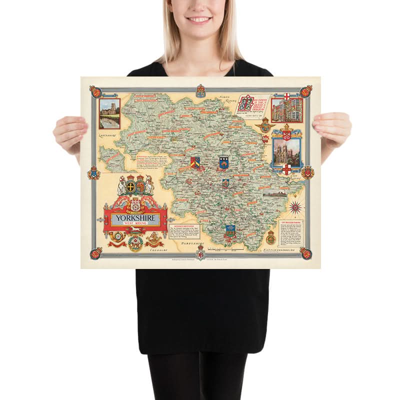 Old Pictorial Map of West Riding of Yorkshire by Clegg, 1946: Leeds, B ...
