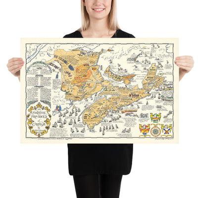 Old Map of New Brunswick, Nova Scotia & Prince Edward Island by Furse, 1963: Naval Battles, Exploration Routes