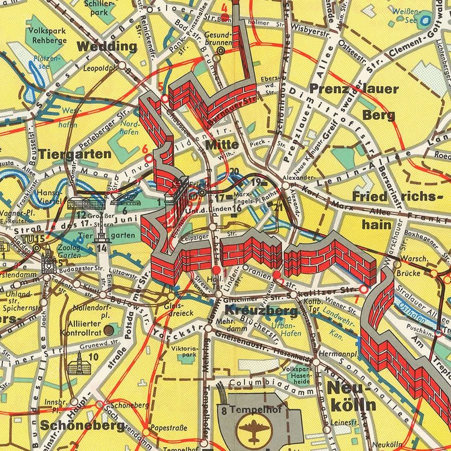 Mappa antica di Berlino, 1963: Costruzione del Muro di Berlino, Guerra Fredda, Porta di Brandeburgo 