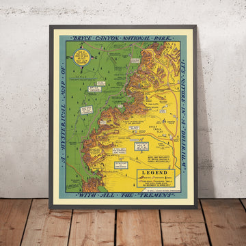 Old Pictorial Map of Bryce Canyon National Park, Utah by Lindgren, 1940: Rainbow Pt, Natural Bridge, Fairyland