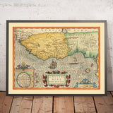 Old Map of the Guinea Coast, West Africa by Hondius, 1610: Senegal & Gambia rivers; São Tomé inset; Portuguese trade