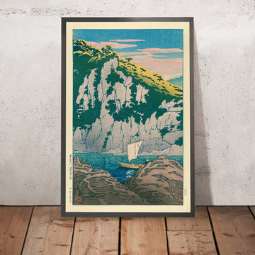 Una imagen enmarcada de Horai Rock en el río Kiso de Hasui Kawase, 1935