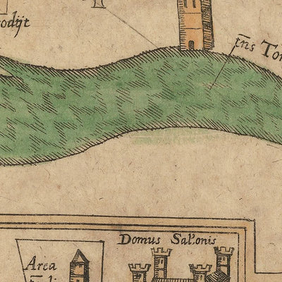 Ancienne carte de Jérusalem par Bongars, 1611 : Salomon, Pilate, le Sépulcre, le Cédron, Siloé