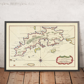 Old Rare Naval Map of US Virgin Islands by Bellin, 1764: Charlotte Amalie, Red Hook, St Thomas, Depths, St John inset