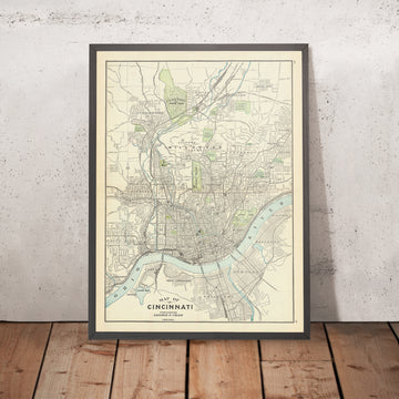 Antica mappa di Cincinnati di Cram, 1911: fiume Ohio, ferrovia Mill Creek, Vine St, Liberty St, Clifton Ave 