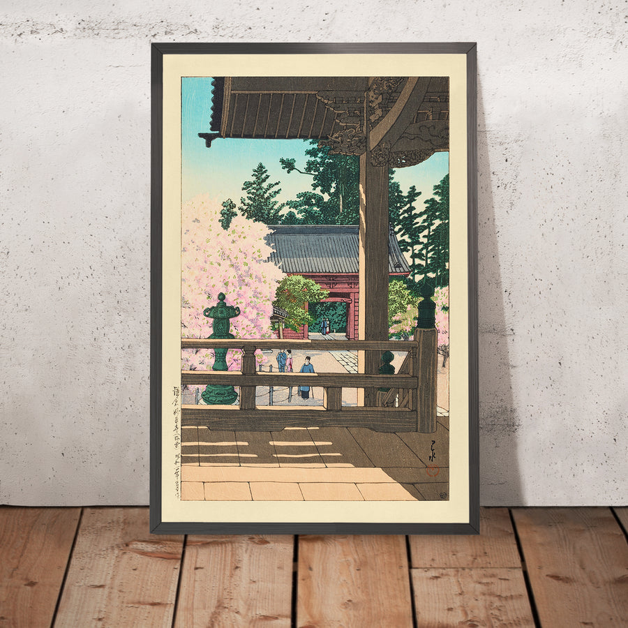 A framed image of Blossom Trees at Myohonji Temple Kamakura by Hasui Kawase 1935