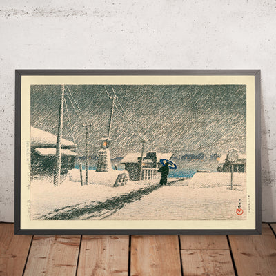 A framed image of Snow Storm at Tsukishima by Hasui Kawase, 1935