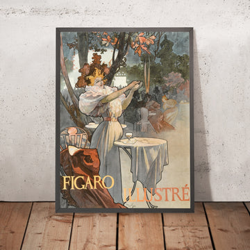 A framed image of Figaro by Alphonse Mucha, 1860