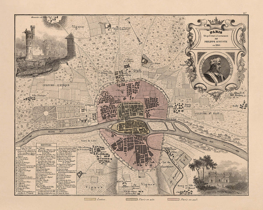Mappa antica di Parigi medievale di Vuillemin, 1869: Notre-Dame, Île de la Cité, Senna, Louvre, Mura della città 