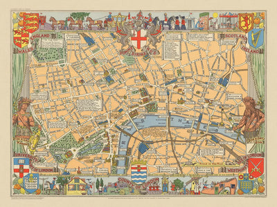 Ancienne carte illustrée de Londres par Bullock, 1938 : Tour de Londres, Saint-Paul, Westminster, Hyde Park, Tamise.