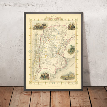 Old Map of Argentina & Chile by Tallis, 1851: Buenos Aires, Andes, Santiago, Vignettes