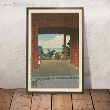 Une image encadrée du temple Tamon à Hamahagi, dans le Boshu, par Hasui Kawase, 1935