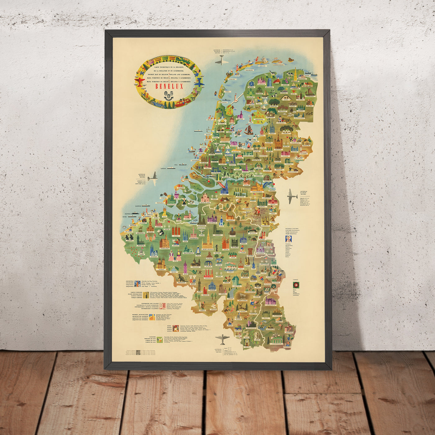 Old Pictorial Tourist Map of Benelux, 1950: Post-WW2 Optimism, Brussels, Amsterdam, Rhine, Windmills