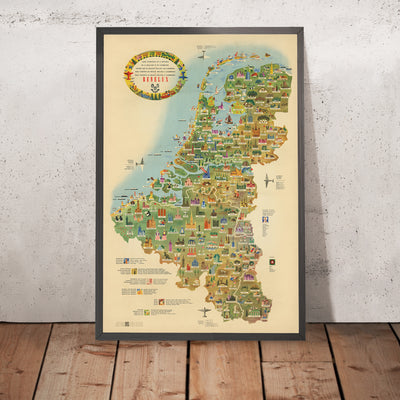 Old Pictorial Tourist Map of Benelux, 1950: Post-WW2 Optimism, Brussels, Amsterdam, Rhine, Windmills