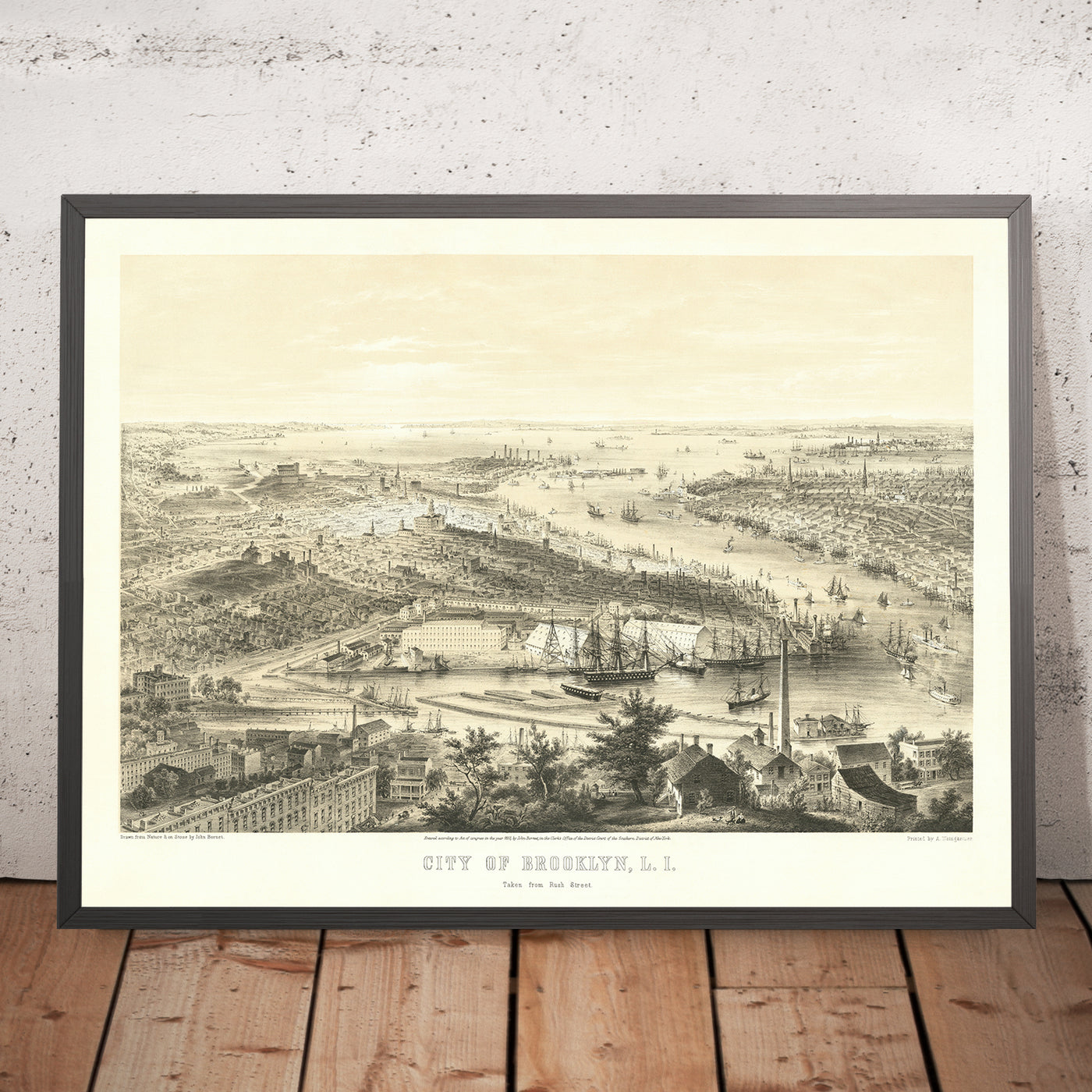 Old Bird’s-Eye Map of Brooklyn by Bornet, 1855: Naval Yard, Brooklyn Heights, DUMBO, Williamsburg, Lower Manhattan