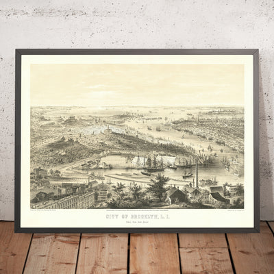Old Bird’s-Eye Map of Brooklyn by Bornet, 1855: Naval Yard, Brooklyn Heights, DUMBO, Williamsburg, Lower Manhattan