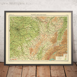 Mapa topográfico antiguo del noreste de Francia de Bartholomew, 1922: París, Reims, Ardenas, Sena, Mosela 