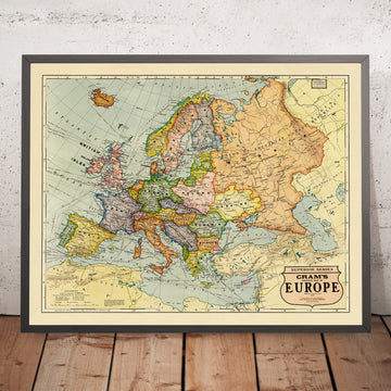 Large Old Map of Europe by Cram, 1925: Political, Post-WWI borders, Colour-Coded Borders