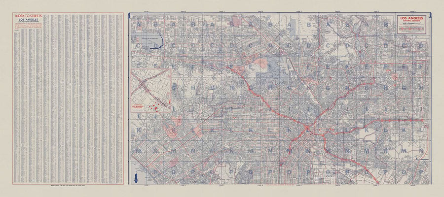 Grande mappa stradale di Los Angeles, 1955: Griffith Park, Elysian Park, fiume LA, centro, Hollywood 